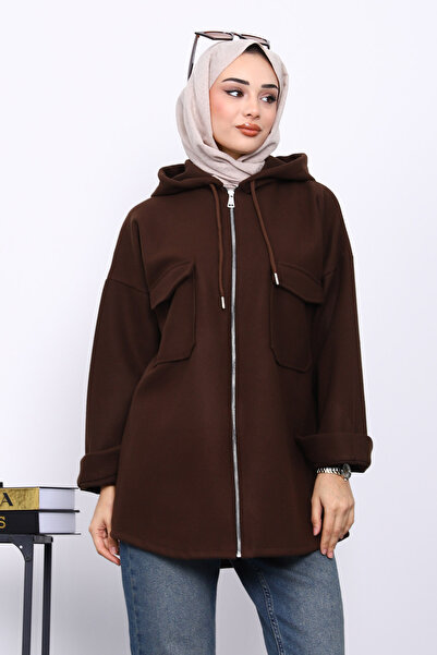 İmajButik Καφέ μπουφάν με κουκούλα με διπλή τσέπη