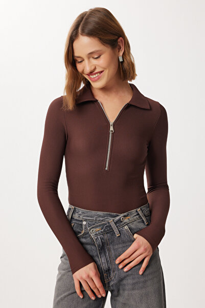 Lovelyİstanbul Polo Neck Zippered Corded Fabric Knitted Blouse Lby0019 Brown