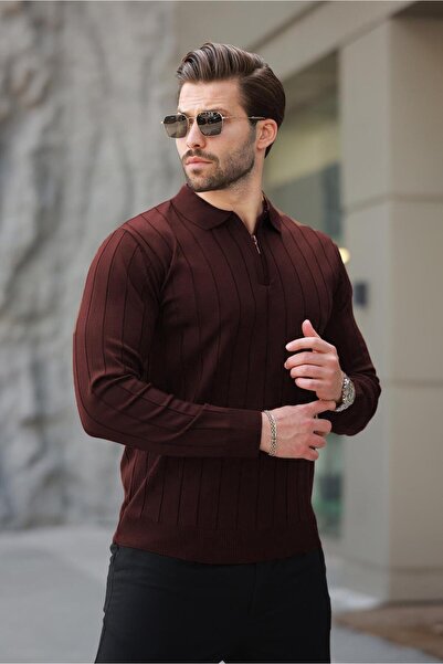 Madmext Burgundy Polo Neck Zippered Knitted Sweater 7242