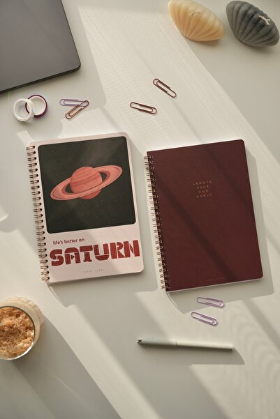 Mirya Notes A5 Spiralli Okul Defteri Kareli 2’li Set 80 Yaprak Satürn-Bordo