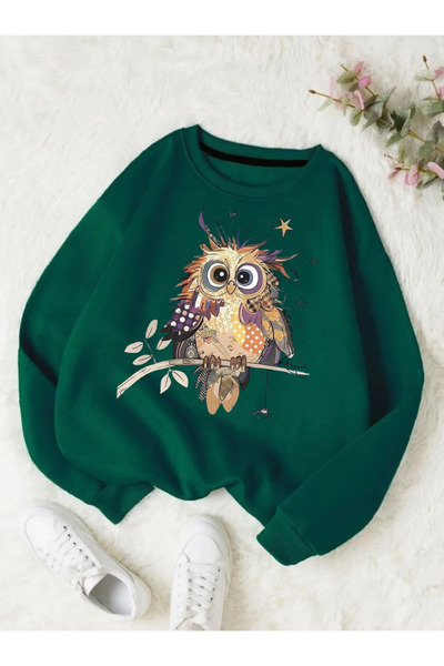 PALPİTO Γυναικείο φούτερ Nefti Green Colored Owl με τύπωμα Crew Neck oversized
