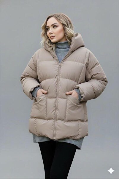 Afri Women's Beige Hooded Puffer Jacket – Oversized Winter Thick Coat – Cold-Proof Puffer Jacket