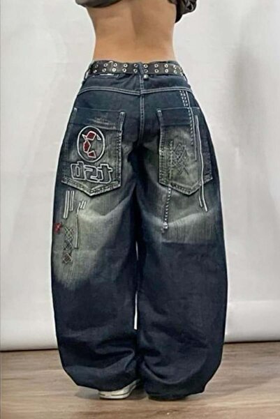 Karakedi D2T Embroidery Detail Washed Baggy Navy Blue Y2K Pants