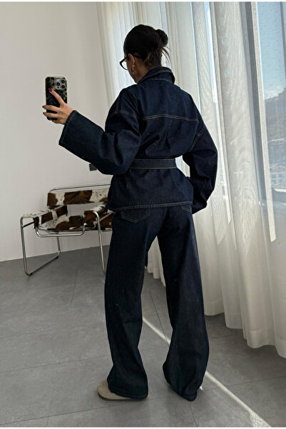 SHILSEE BEUTİQUE Women's Tie-Up Detail Shirt and Pants Denim Set Navy Blue