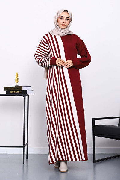 İmajButik Burgundy Striped Knitwear Dress