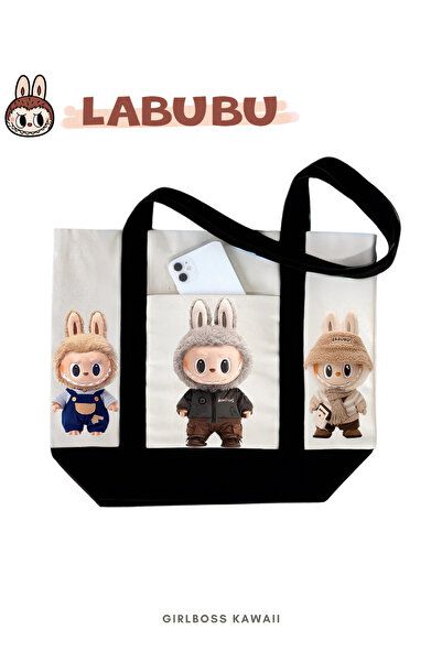 Girlboss Kawaii Labubu Canvas Bag with Pockets / Shopping, Sports, Beach