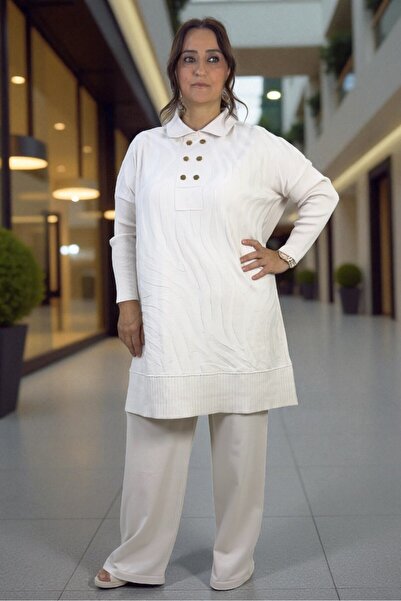 yagmurberen Gold Button Detail Polo Neck Tunic Elastic Waist Pants Plus Size Mercherized Suit