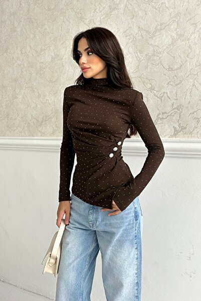 AKD Atelier Women Blouse Corded Fabric Long Sleeve Turtleneck Stone Detailed Draped Asymmetric Blouse