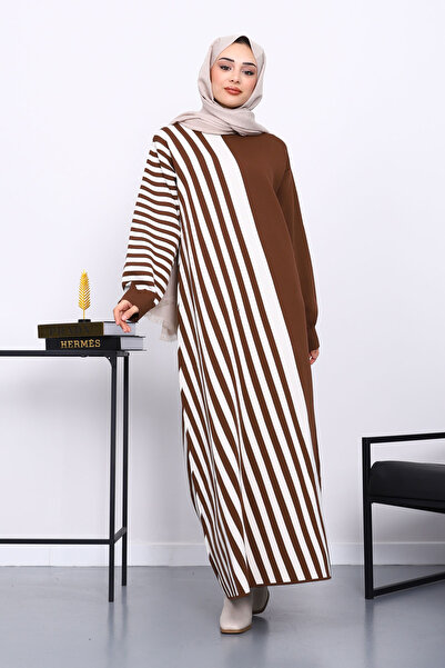 İmajButik Καφέ ριγέ πλεκτό φόρεμα