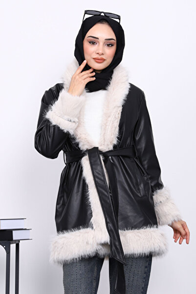 İmajButik Black Fur Detailed Belted Leather Trench Coat
