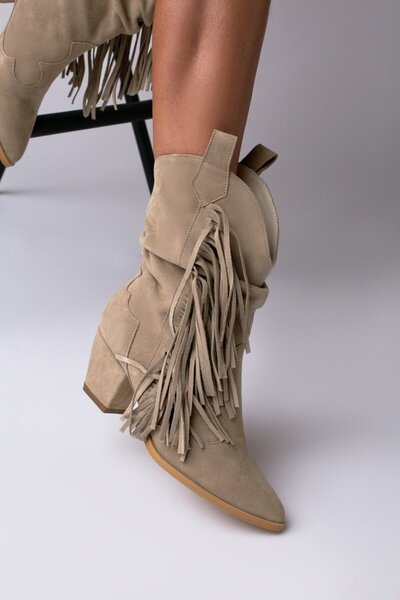 Vanilla Days Lithuanian Fringe Suede Booties with Stacked Heel
