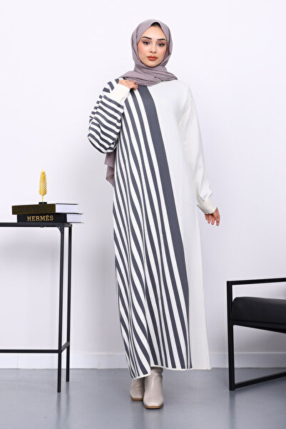 İmajButik Φόρεμα πλεκτό με ρίγες εκρού