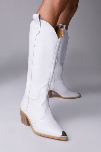 Vanilla Days Raven Genuine White Leather Western Boots with Silver Accents
