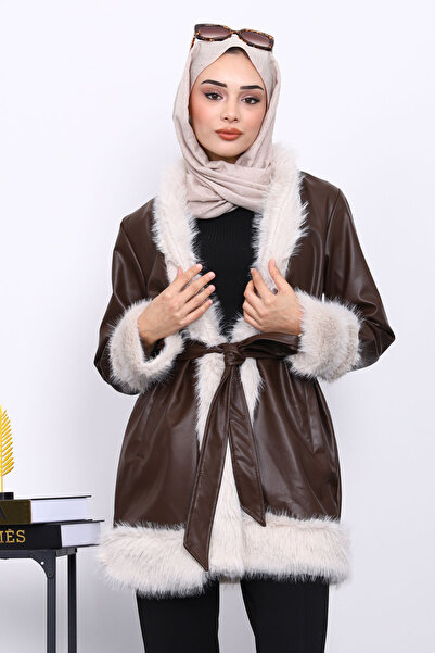 İmajButik Δερμάτινο μπουφάν με λεπτομέρεια από καφέ γούνα