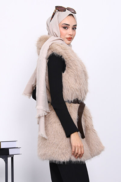 İmajButik Mink Fur Vest with Waist Belt and Double Pockets