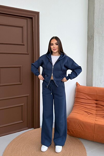 Mezka طقم رياضي نسائي بتفاصيل سحاب مزدوج لشتاء بغطاء رأس مبطن بالصوف قصة فضفاضة