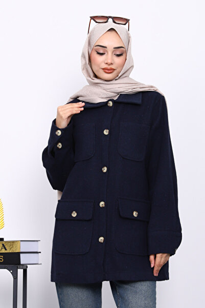 İmajButik Μπουφάν με κουμπιά και τσέπες σε μπλε ναυτικό χρώμα