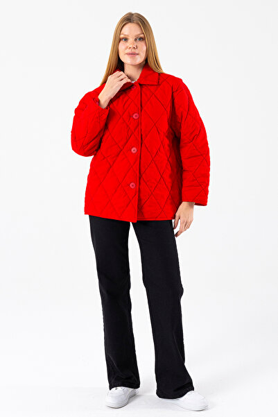 GİYSA Women's Shirt Collar Buttoned Double Pocket Quilted Coat Red - 4010
