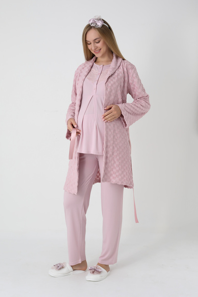 ERDENİZ TEKSTİL Maternity Clothing 3-Piece Pajama and Robe Set - Checkered Jacquard Robe Maternity Buttoned Cotton Pajamas