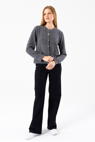 GİYSA Women's Crew Neck Buttoned Soft Textured Cardigan Black - 2686