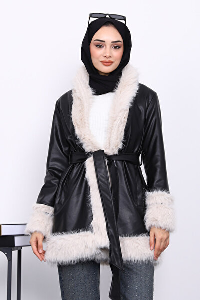 İmajButik Black Fur Detailed Belted Leather Trench Coat