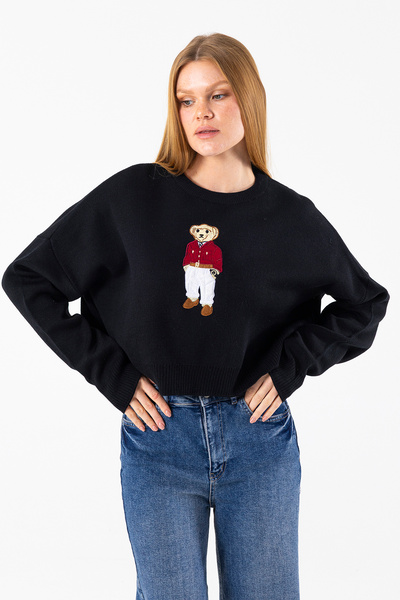 GİYSA Women's Crew Neck Costume Teddy Bear Embroidered Knit Sweater Black - 2344