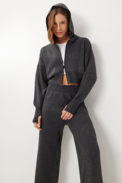 Lovelyİstanbul Zippered Cardigan Pants Knitwear Set Lci0050 Anthracite