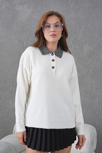 Park Karon Women's Polo Neck Half Placket Buttoned Knit Sweater