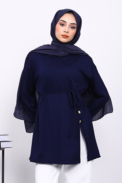 İmajButik Navy Blue Button Detailed Modal Sweat