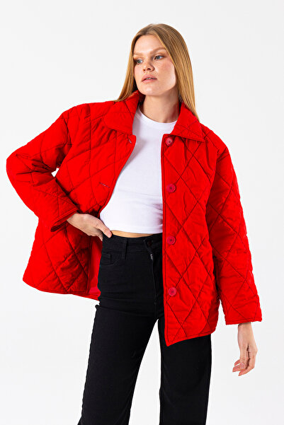 GİYSA Women's Shirt Collar Buttoned Double Pocket Quilted Coat Red - 4010