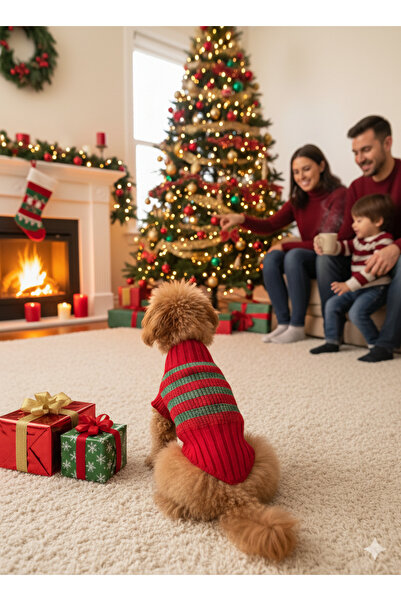 faramiss fashion SELANİK ÖRGÜ KIRMIZI-YEŞİL SİMLİ ÇİZGİLİ RENK KEDİ KAZAK KÖP...