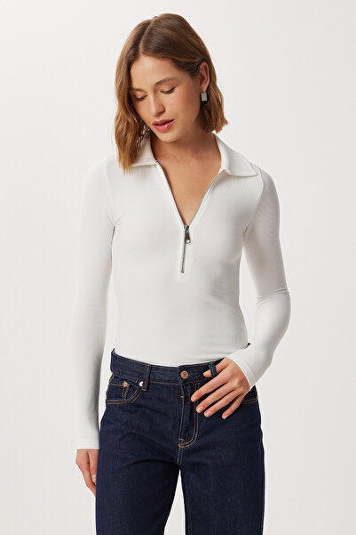Lovelyİstanbul Polo Neck Zippered Corded Fabric Knitted Blouse Lby0019 Ekru