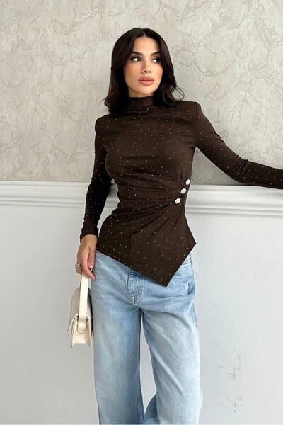 AKD Atelier Women Blouse Corded Fabric Long Sleeve Turtleneck Stone Detailed Draped Asymmetric Blouse