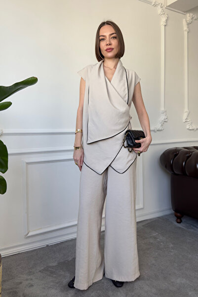 MAGARDE بدلة مودال مزدوجة الصدر بتصميم تفاصيل بيي - بيج