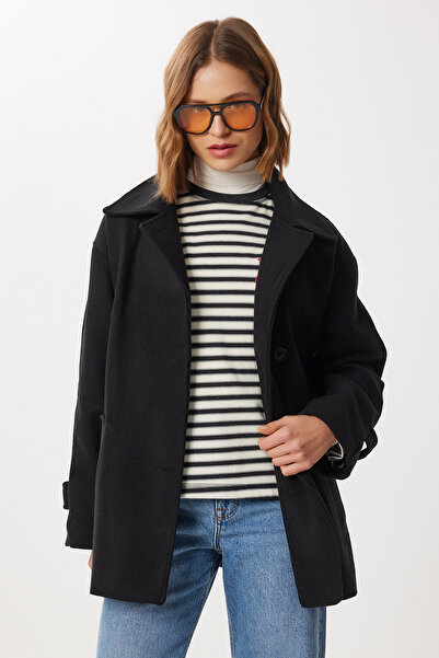 Lovelyİstanbul Double-Breasted Collar Belted Cashmere Coat Ldp0086 Black