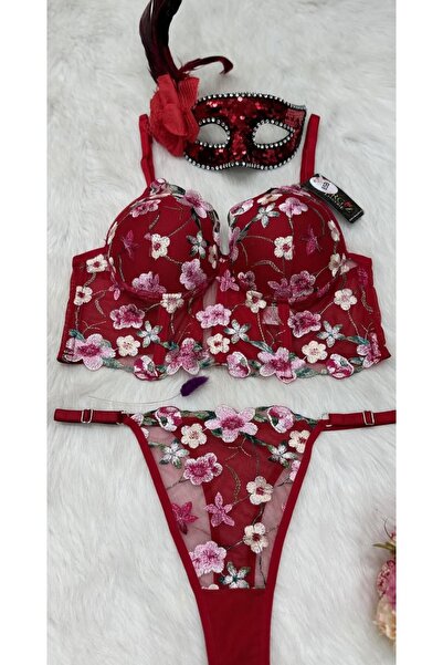 NERGIZ Çiçekli Bralet Balenli Push up sütyen iç çamaşır takımı