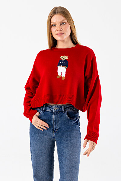 GİYSA Women's Crew Neck Costume Teddy Bear Embroidered Knit Sweater Red - 2344