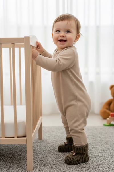 Butik Yeni Doğan Bebek İçin El Örgüsü Koyu Kahverengi Patik