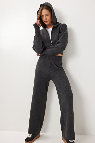 Lovelyİstanbul Zippered Cardigan Pants Knitwear Set Lci0050 Anthracite
