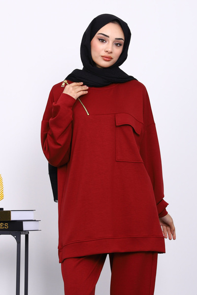 İmajButik Burgundy Single Pocket Tunic with Trousers Modal Suit