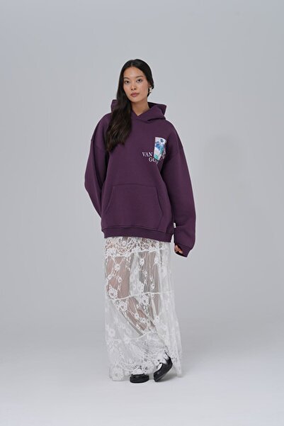 fame-stoned Vincent Van Gogh Printed ,Embroidered 100% Cotton Hooded Purple Sweatshirt