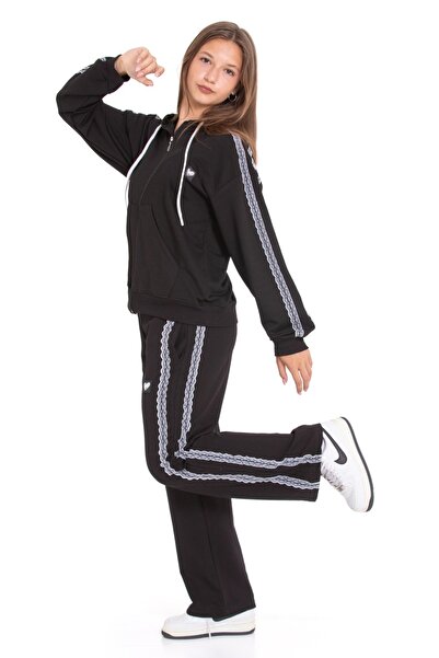 Pi Pengai Girl's Tracksuit Set with Embroidery Stripe Hooded Zippers 2 Threads 12215.1