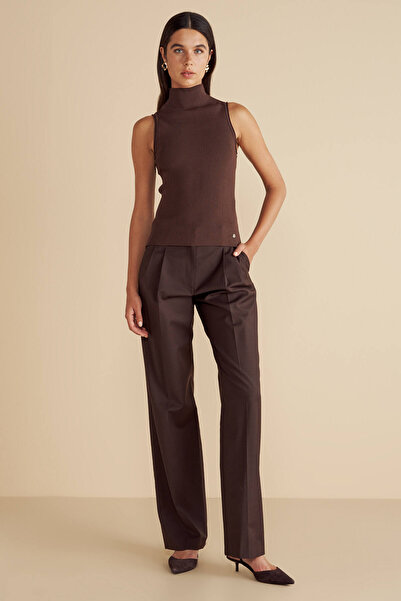 BROOKS BROTHERS Kadın Acı Kahverengi Yün Karışımlı Metal Logolu Çift Pileli Y...