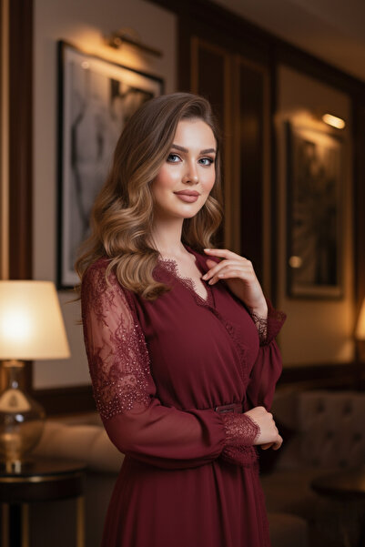 Opera Fashion فستان سهرة برغندي شيفون بأكمام دانتيل وحزام خصر أنيق