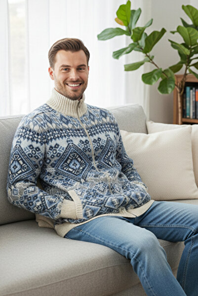 Pulltonic Erkek Fermuarlı Etnik Desenli Hırka | %68 Kuzu Yünü