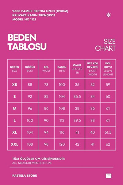 PASTELASTORE 100% Cotton Extra Long (120cm) Double Breasted Women's Trench Coat 1121