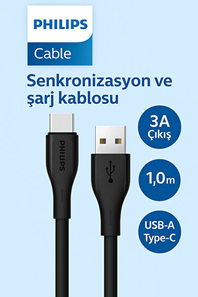 Philips TYP-C (USB-C ) Şarj ve Data Kablosu, Hızlı Şarj, 3A Yüksek Akım, 1 Metre, Dayanıklı Slikon Kablo