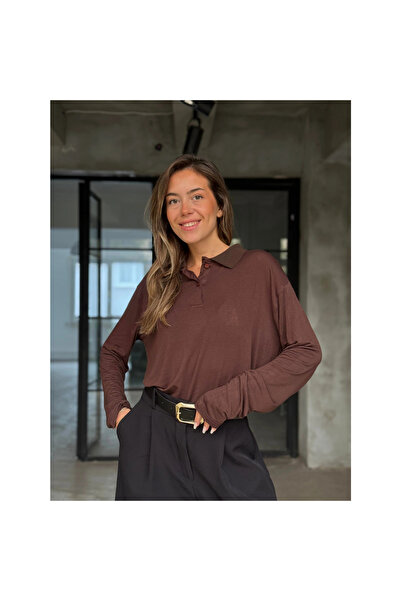 Mokşa Bluză transparentă cu mânecă lungă, cu guler polo, cu textura de căpșun...