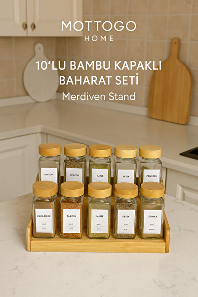 Mottogo 10-Piece Glass Spice Set with Bamboo Lids – 120 ml | With Ladder Stand