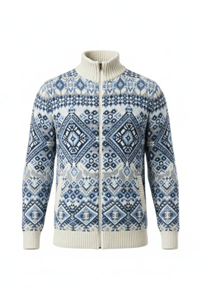 Pulltonic Erkek Fermuarlı Etnik Desenli Hırka | %68 Kuzu Yünü